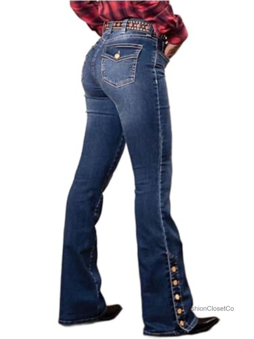 Women's Buttoned Hem Bootcut Jeans High Stretch Flare Leg Pockets
